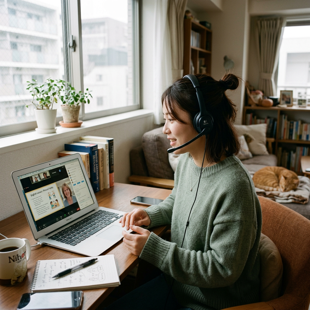 Woman with headset attending online language lesson on laptop